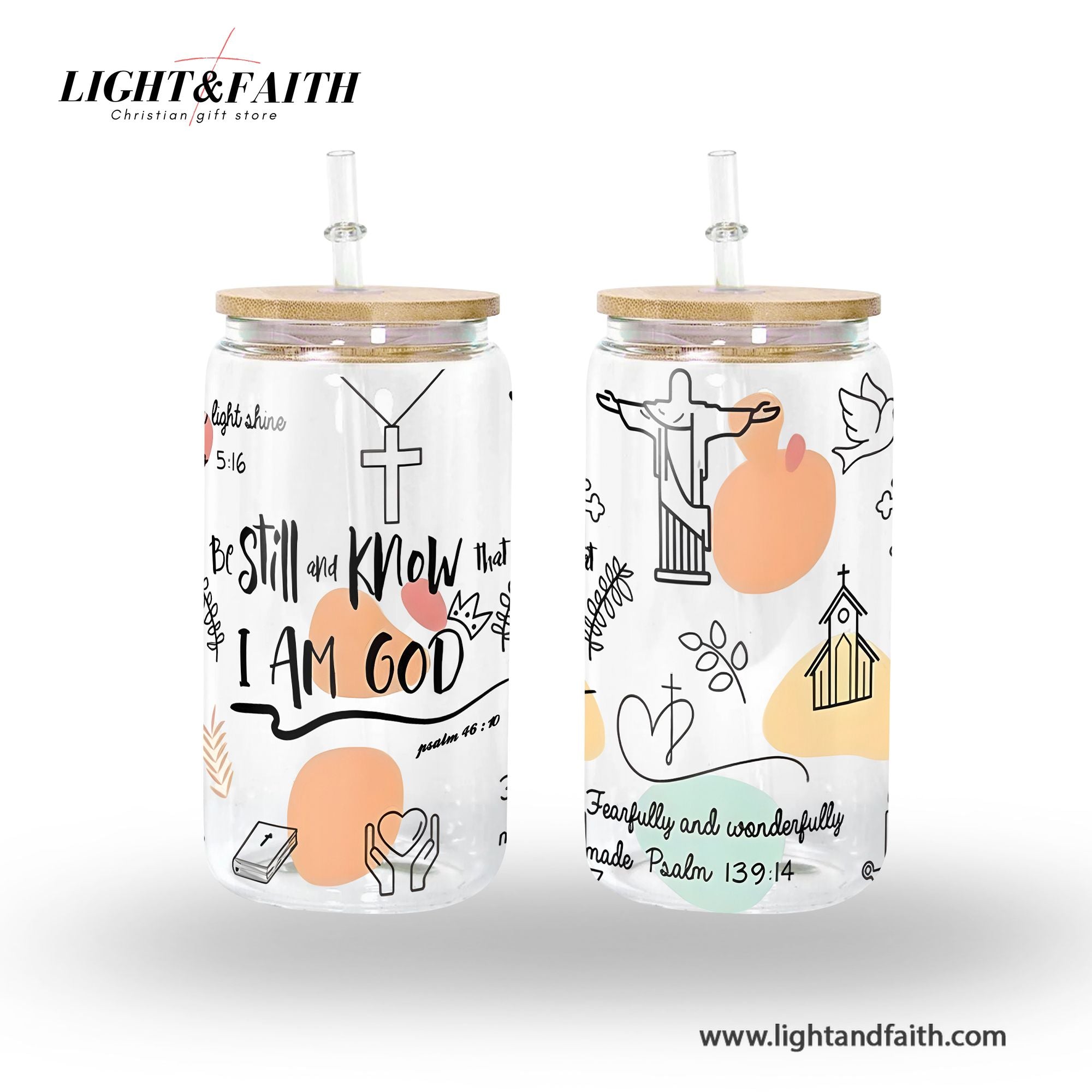 Christian Glass Can with Bamboo Lid and Straw, Be Still and Know I Am God Psalm 46:10 Cup, Scripture Iced Coffee Tumbler Gift GCLAF42